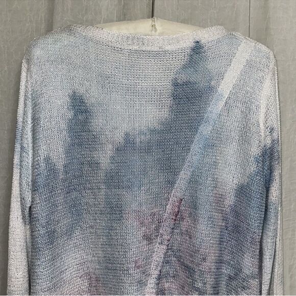 SIONI L White Blue Pink Cloud Floral Reverse Knit Sweater Blouse Pullover - Picture 4 of 11